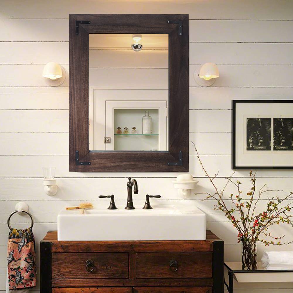 YOSHOOT Rustic Wooden Framed Wall Mirror, Natural Wood Bathroom Vanity Mirror for Farmhouse Decor, Vertical or Horizontal Hanging (26" x 18", Brown)