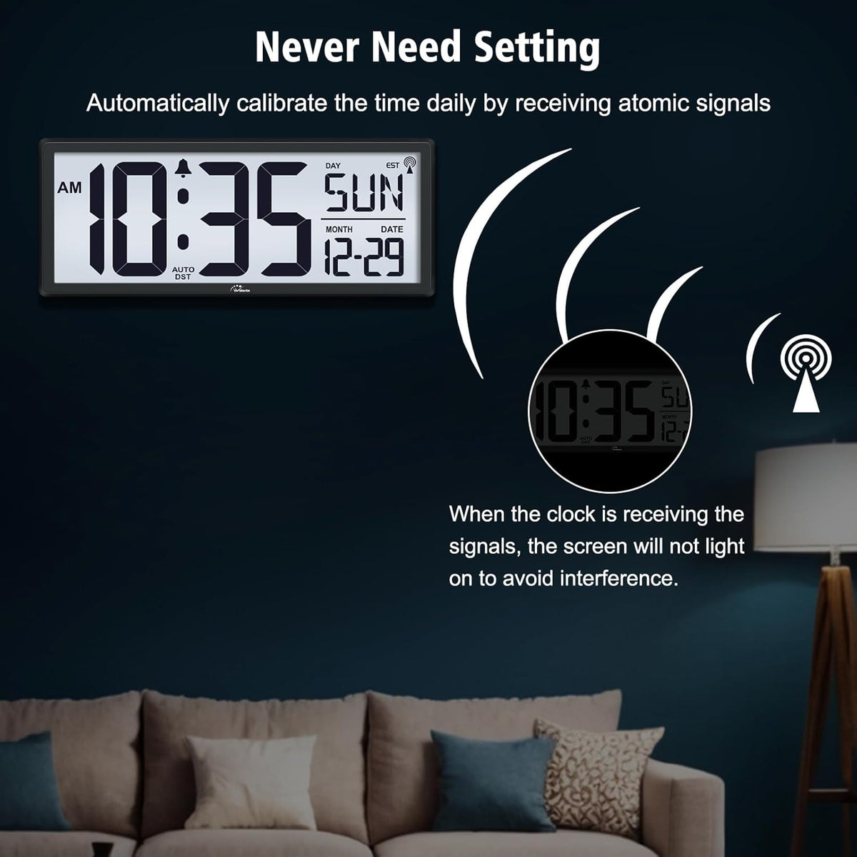 WallarGe 14.5'' Atomic Digital Wall Clock Battery Operated with Backlight