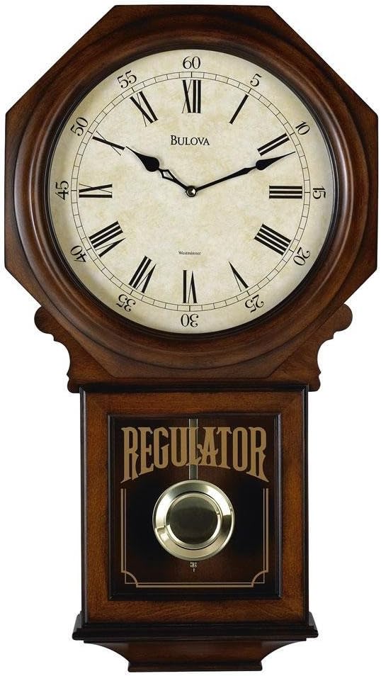 Bulova C3543 Ashford Wall Clock | 25" Schoolhouse Design | Walnut Finish | Harmonic Triple-Chime Movement | Engraving Plate