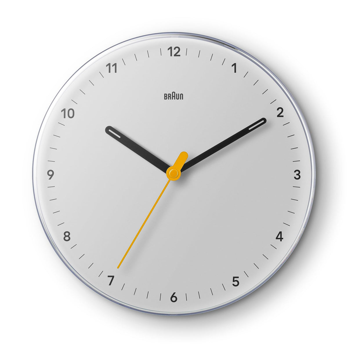 Braun Classic Analogue Wall Clock with Silent Sweeping Quartz Movement, Easy to Read, 23cm Diameter in White, Model BC26W.