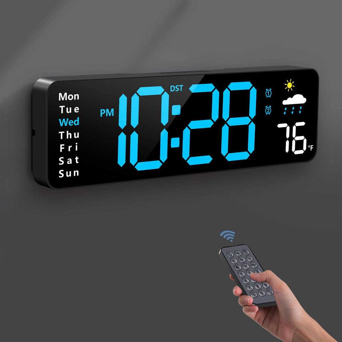 Digital Wall Clock, Digital Clock Large Display with Remote Control, Corded LED Alarm Clocks with Date, Week, Temp, Humidity, Auto DST, Countdown, for Living Room Bedroom Classroom Office (Blue)