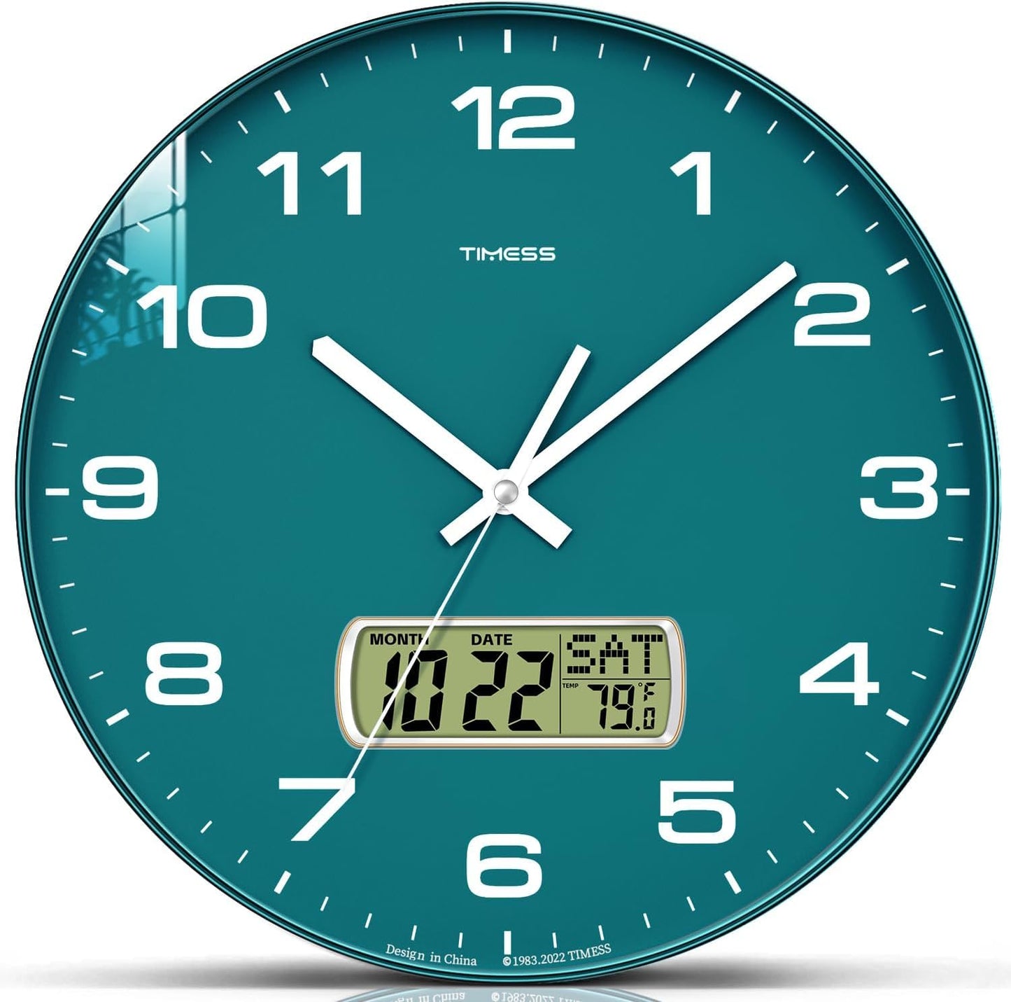 TIMESS 10-Inch Non-Ticking Analog Wall Clock with LCD Display, Blue