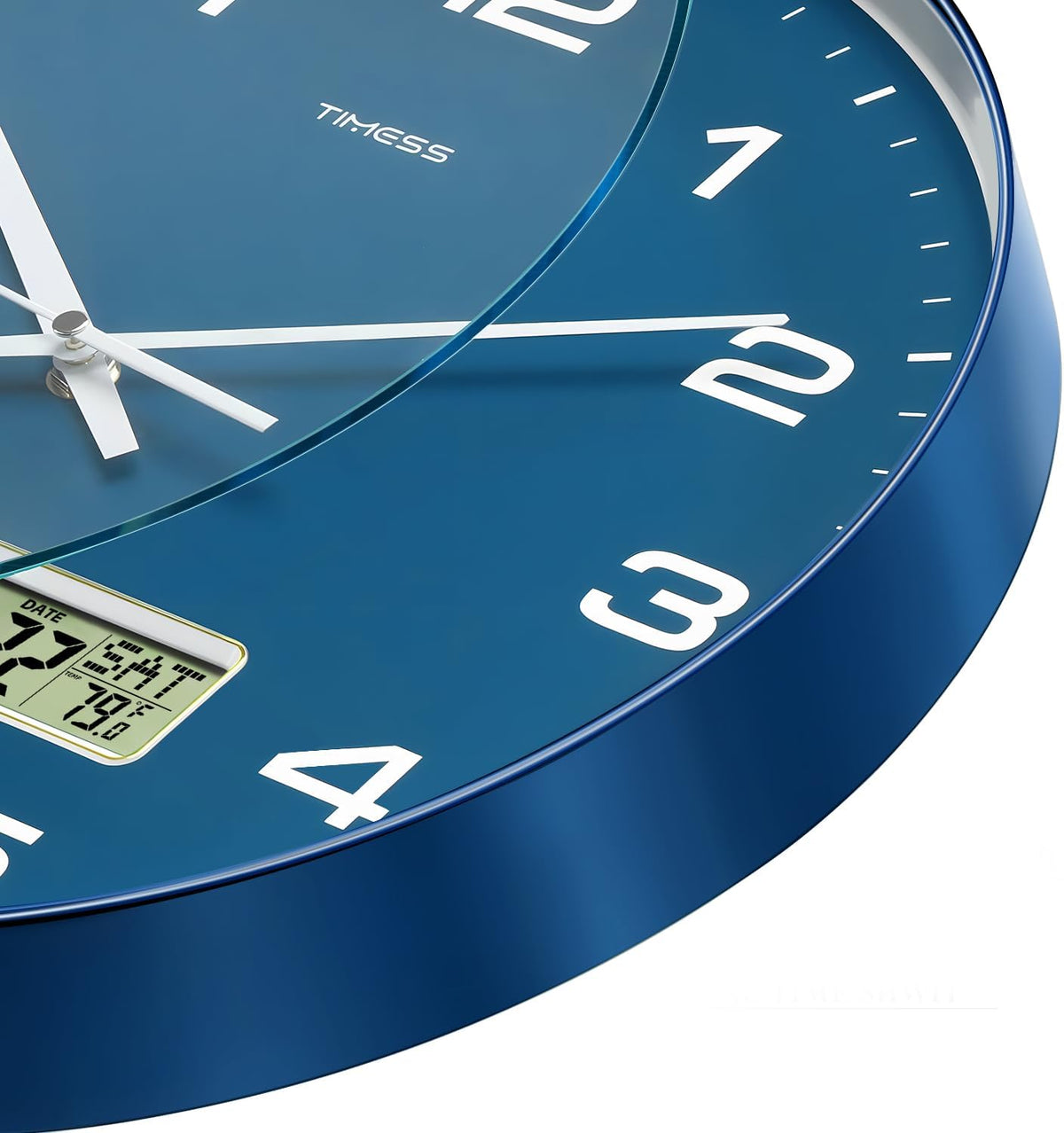 TIMESS 10-Inch Non-Ticking Analog Wall Clock with LCD Display, Blue