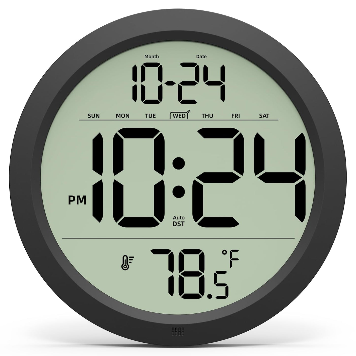 Digital Wall Clock Battery-Operated, 8 Inch Small Decorative Modern Wall Clock with Date, Temperature, Auto-DST, Silent Electric Wall Clock for Bedroom, Living Room, Kitchen, Office, Farmhouse -Black