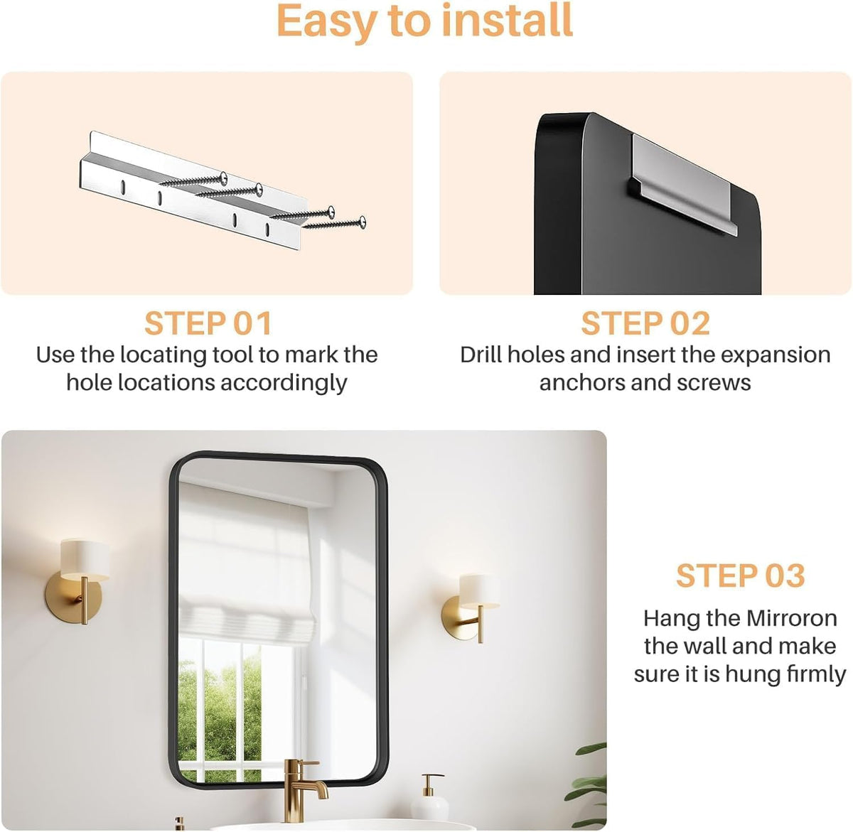 Bathroom Mirror for Wall, 30x22 Inch Rectangle Mirror, Matte Black Metal Framed Bathroom Vanity Mirror for Restroom Farmhouse, Anti-Rust, Tempered Glass, Horizontally or Vertically Hanging