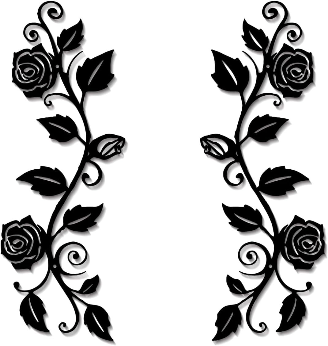 DUOOLN 2 Pcs Metal Rose Tree Leaf Wall Decor, Long Iron Scroll Vine Wall Art Above, Rustic Hanging Sign Flowers Sculpture, For Above Door Living Room Office Indoor And Outdoor Decoration - Black