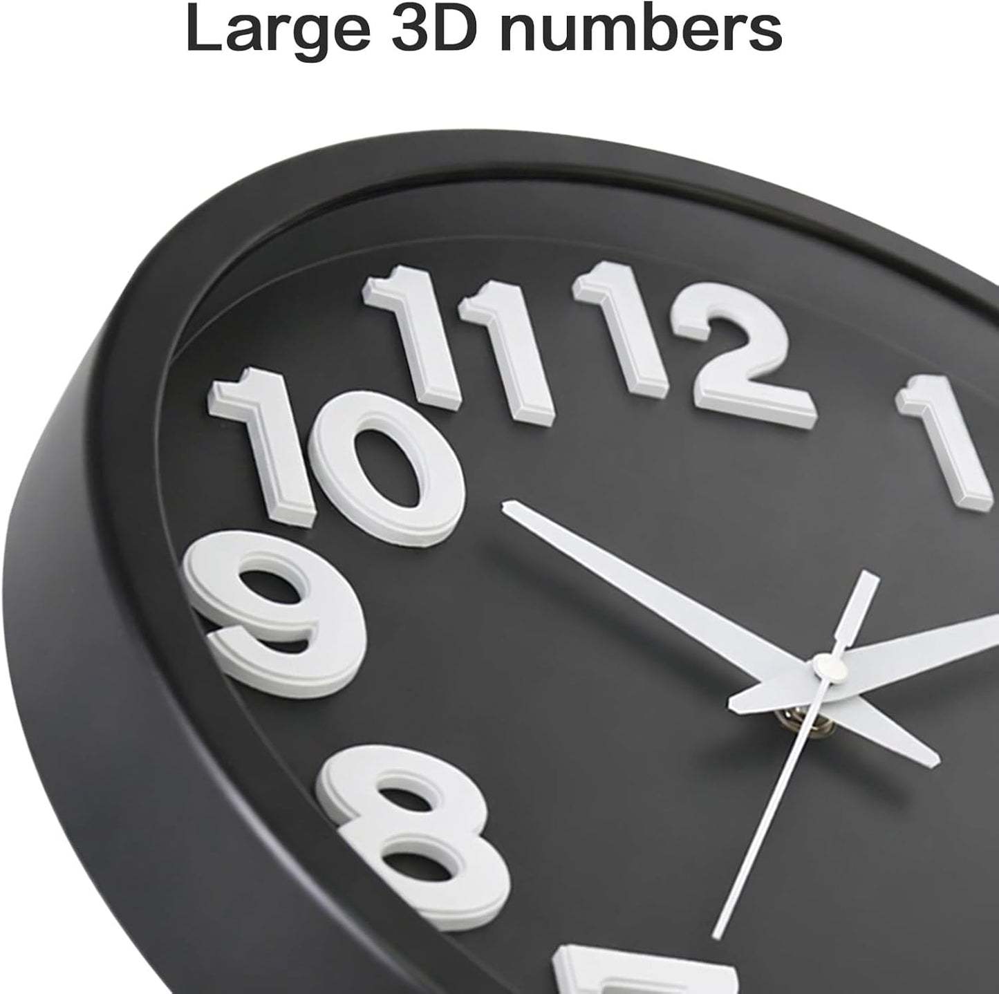 Caysie 12 Inch Large 3D Numbers Silent Non Ticking Wall Clock, Modern Quartz Battery Operated Round Clock, Decorative for Kitchen, Bedroom, Living Room, Office (Black)