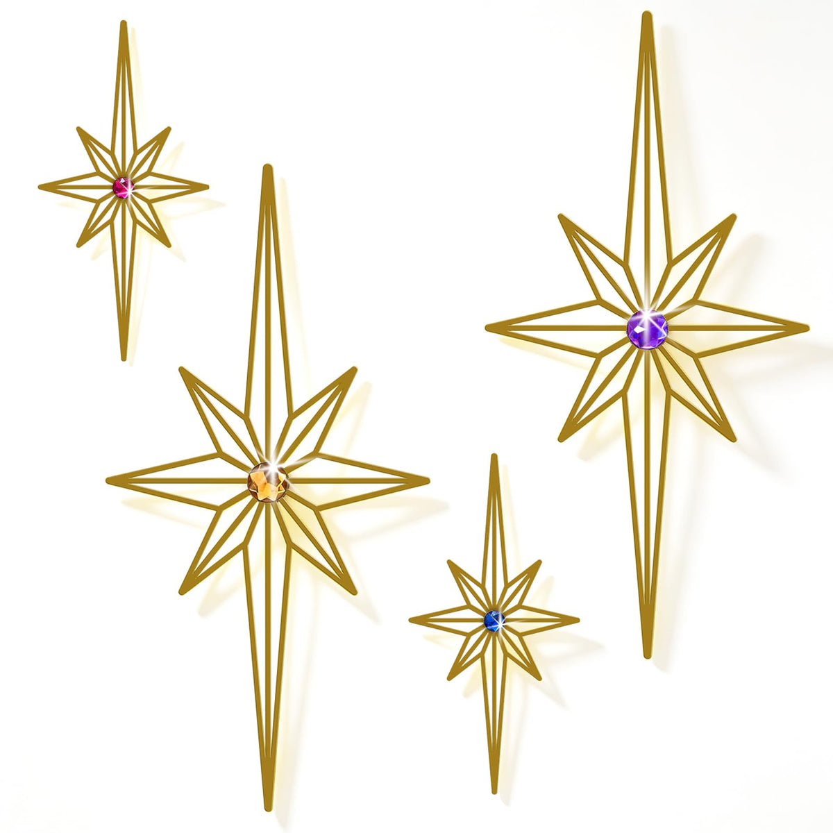 sxnzequnze 4 Pcs Star Wall Art for Home Decor Living Room Bedroom Office Metal 3D,Bling,with Hanging Hook Starburst Midcentury Sculpture Retro Gallery Accent Celestial -Gold 16.5in/9.4in
