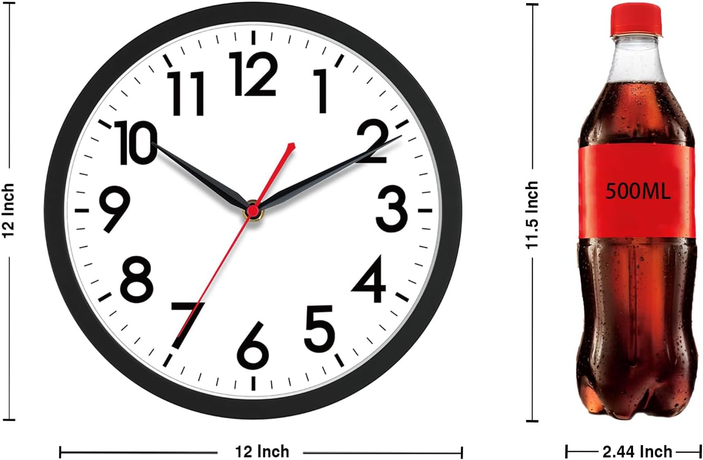 AKCISOT 12 Inch Wall Clock, Silent Battery Operated Analog Clock, Black