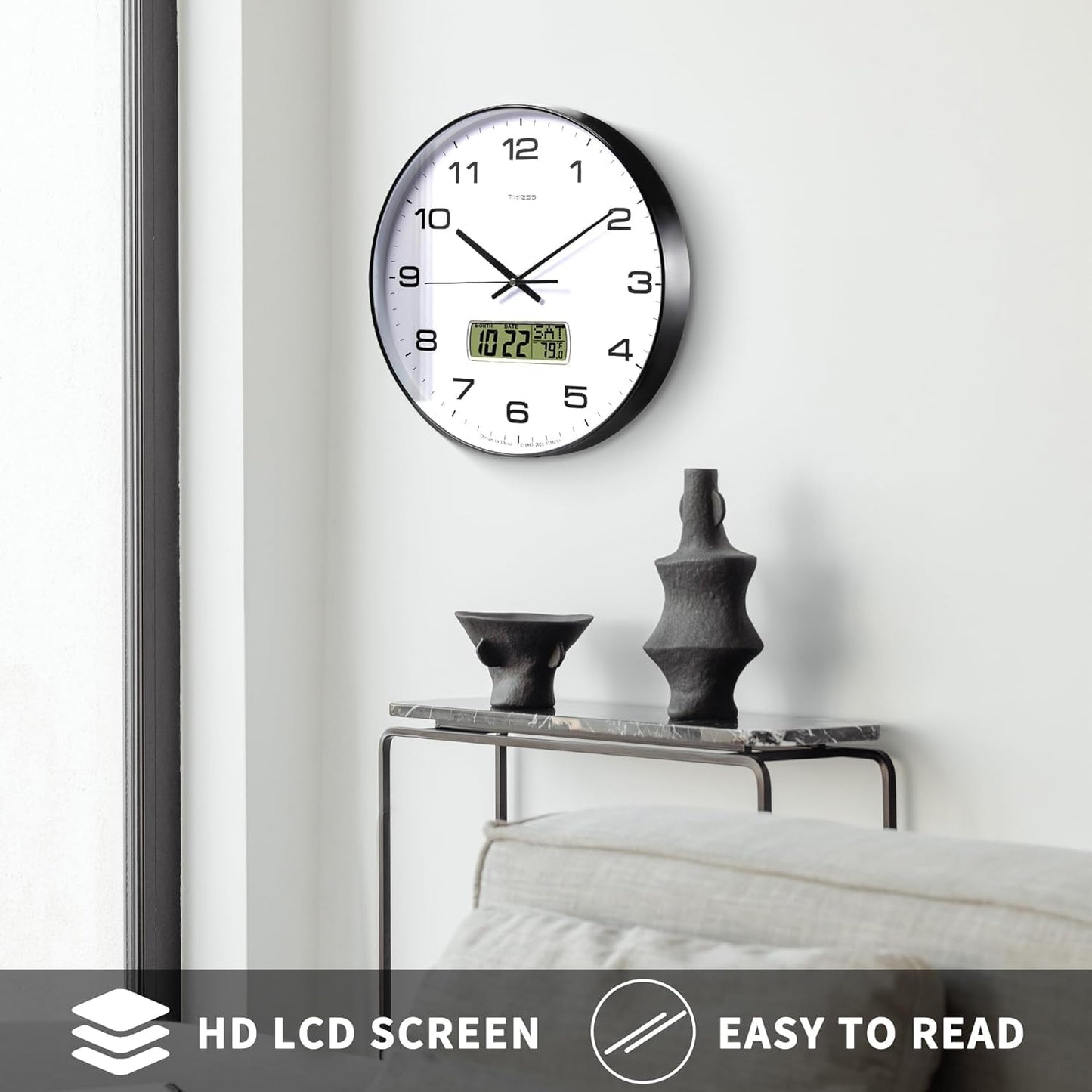TIMESS Wall Clock, 10" Dial Non-Ticking Silent Battery Operated Analog with LCD Display for Perpetual Calendar and F° Temperature, Ideal Modern Home, Bedroom, Kitchen, Office Decor (Black)