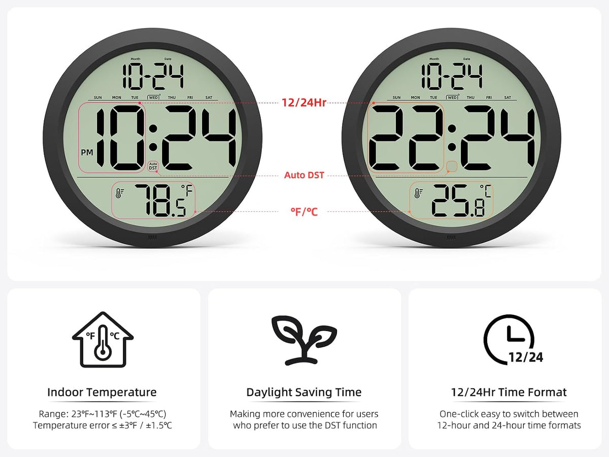 Digital Wall Clock Battery-Operated, 8 Inch Small Decorative Modern Wall Clock with Date, Temperature, Auto-DST, Silent Electric Wall Clock for Bedroom, Living Room, Kitchen, Office, Farmhouse -Black