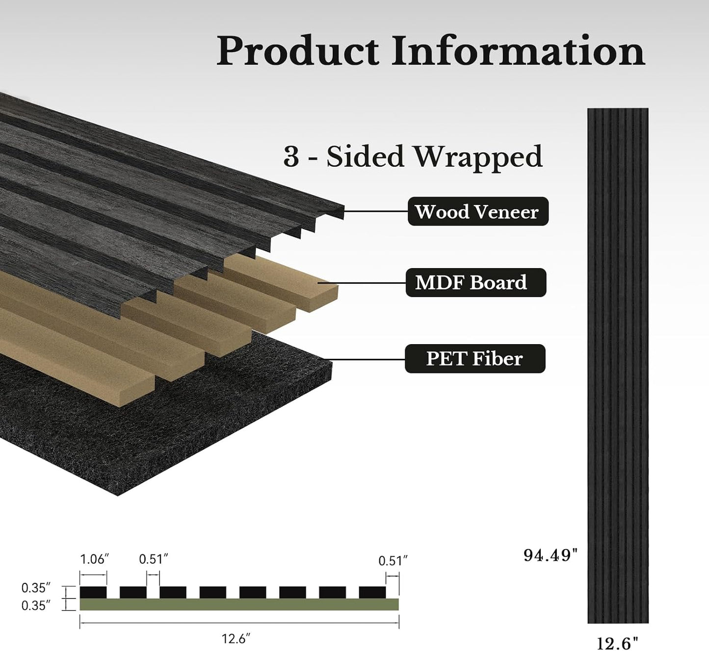 MISSDAY Wood Slat Acoustic Wall Panels, 2 Packs 94.5" x 12.6" Black Soundproof Panel For Interior Wall Decor Noise Absorbing-3D Textured Wooden Panel Sound-Absorbing for Home, Office, Studio