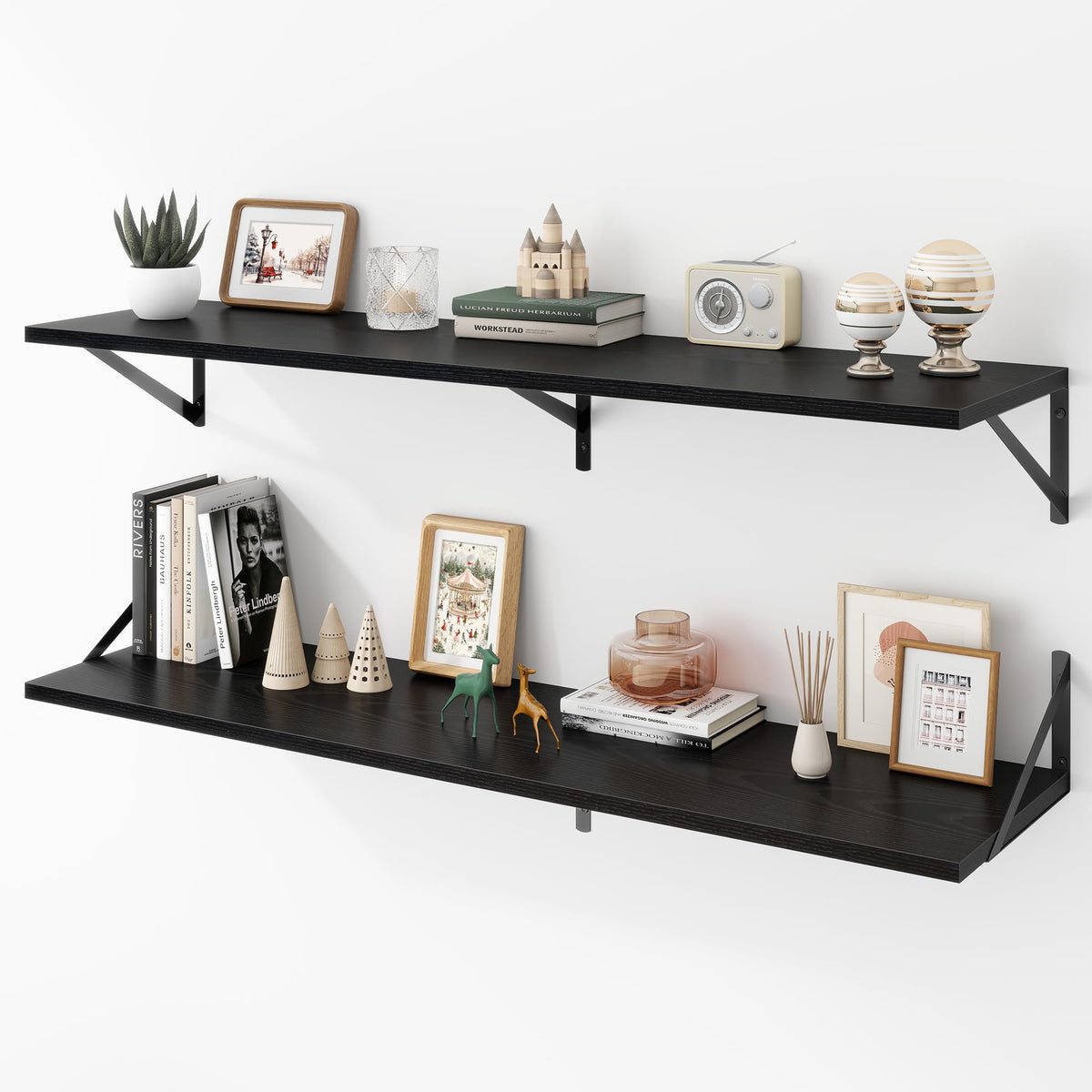 Acovy Deep Floating Shelves Wall Mounted, 36"x12" Black Wall Shelves with Brackets Set of 2 for Bedroom, Living Room, Bathroom, Kitchen, Office - Storage & Display Shelf for Decor, Books, Plants
