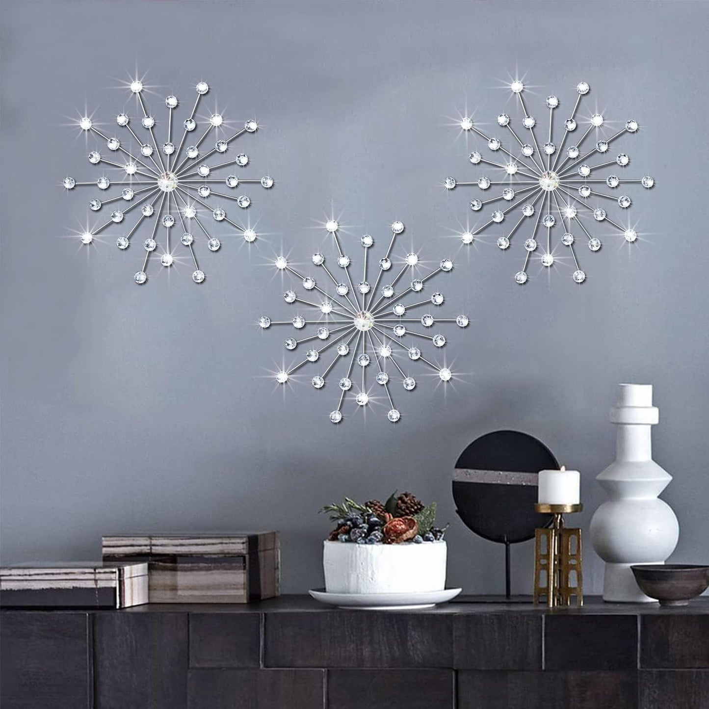 ZEXUIRU 3 Set Silver Starburst Wall Art for Home Decor Metal Bling Crystal Rhinestones Sunburst Wall Decor Sparkling Rhinestone Art Accent Silver - 13in