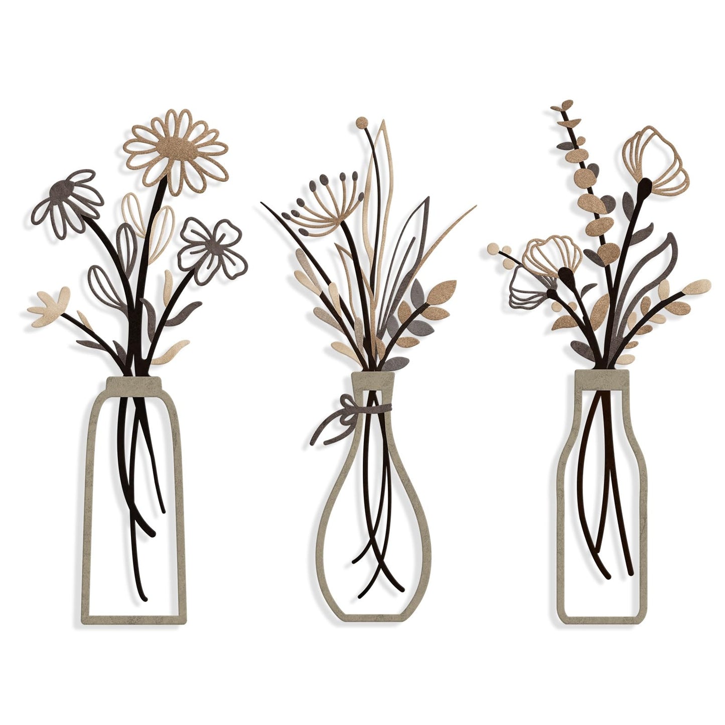 Pigort 3 Pieces Metal Flowers Wall Arts - Rustic Farmhouse Decor Black Minimalist Flower Wall Decors for Living room Bathroom Bedroom Dining Room - Housewarming Gifts(Black, Vase-C)