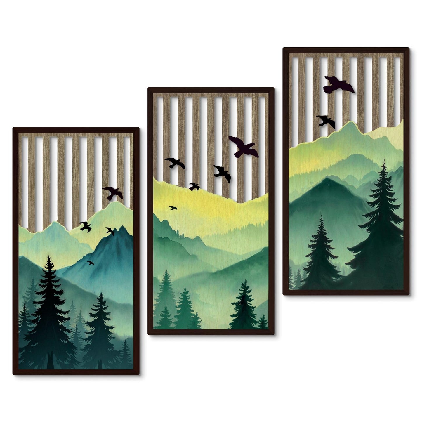 Putuo Decor Boho Mountain Wall Art Set of 3, Rustic Wooden Wall Decor, Nature-Inspired Geometric Artwork, Mid-Century Modern Aesthetic for Living Room, Bedroom, Office Brown 16.5 x 8.6 inch