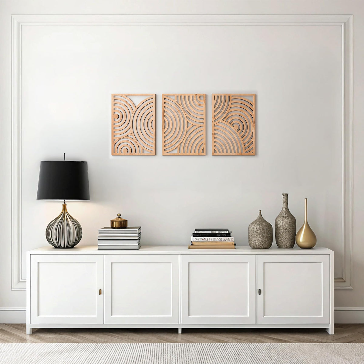 qmmp Modern Wooden Wall Sculptures - Set of 3 - Home Decor Accent - Large Wall Art for Living Room, Bedroom, Office - Easy Installation (Walnut, Medium - Mountain and Sun)