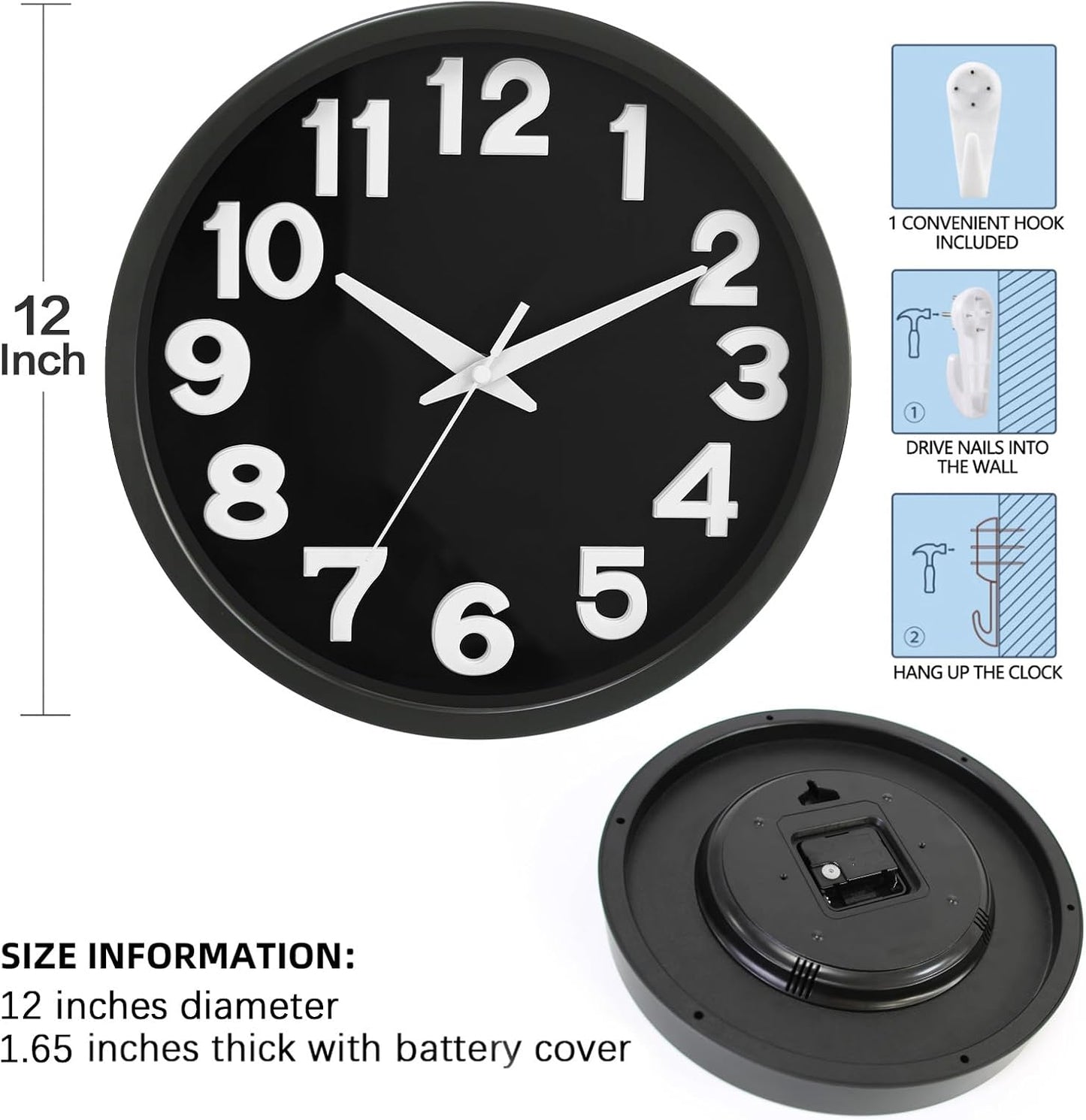 Caysie 12 Inch Large 3D Numbers Silent Non Ticking Wall Clock, Modern Quartz Battery Operated Round Clock, Decorative for Kitchen, Bedroom, Living Room, Office (Black)