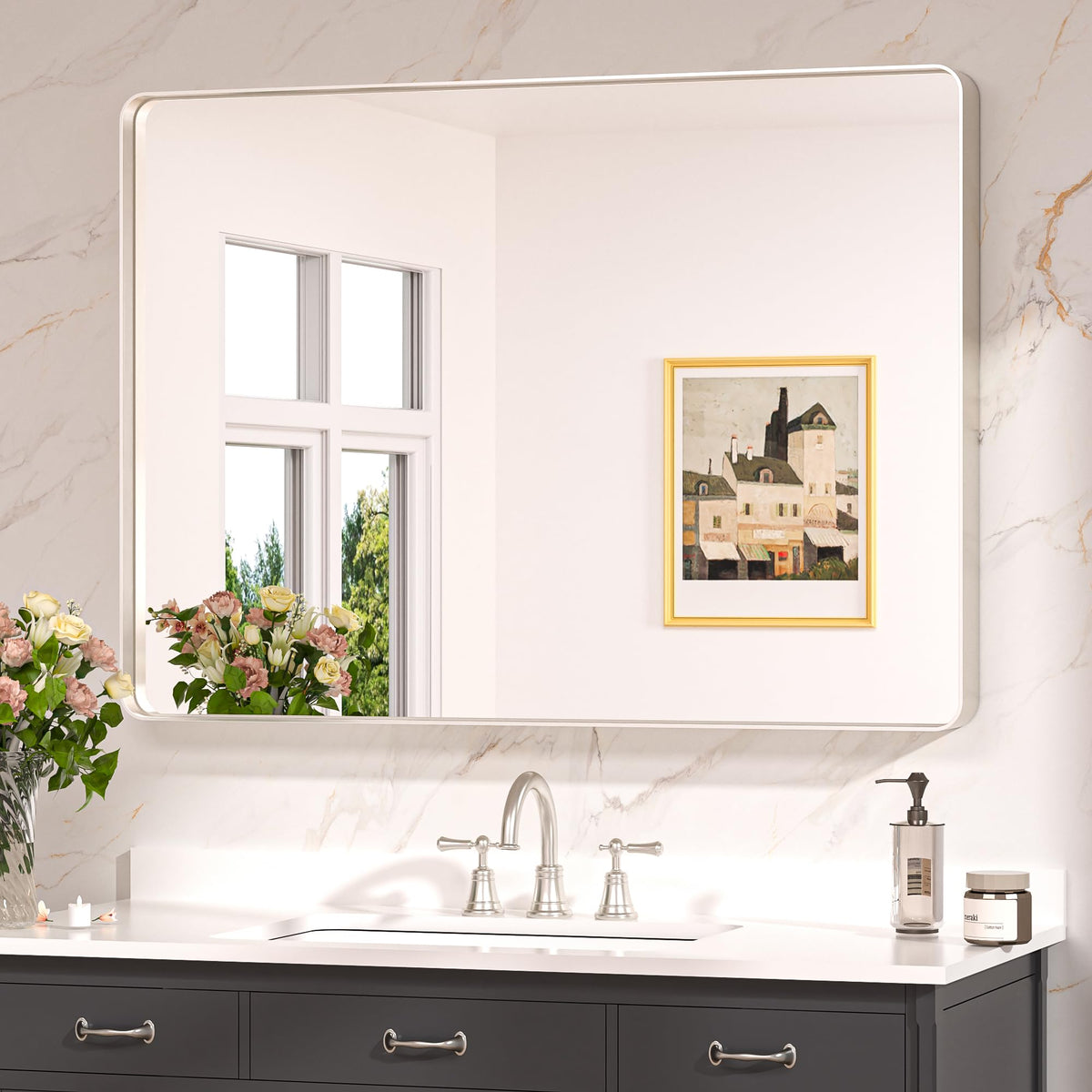 Keonjinn 20 x 30 Inch Brushed Nickel Bathroom Mirrors for Over Sink