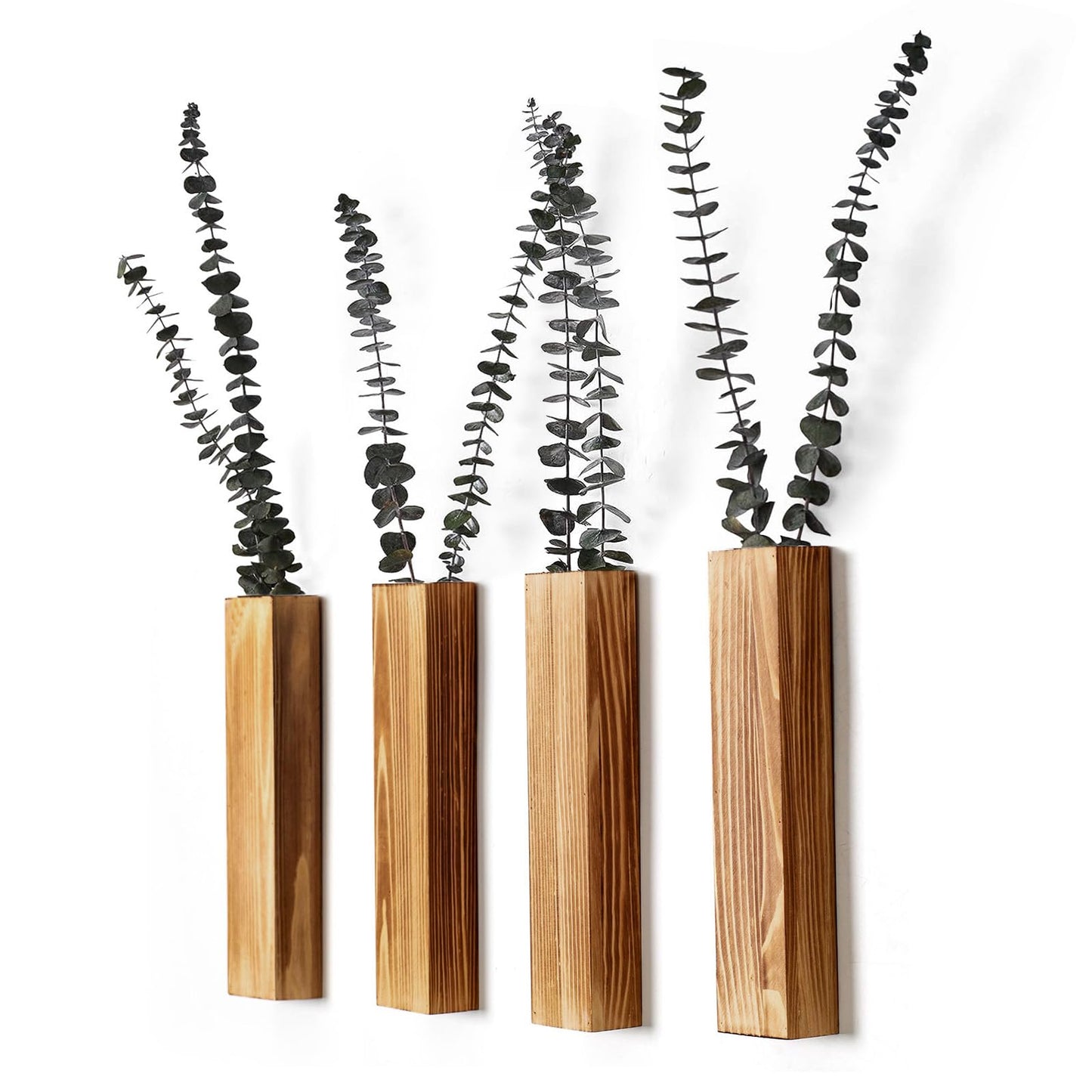 Wooden Wall Planter Set of 4 - Modern Home Decor for Living Room, Bedroom, Bathroom - Walnut Finish Planter for Dried Flowers, Faux Greenery, Indoor Plants