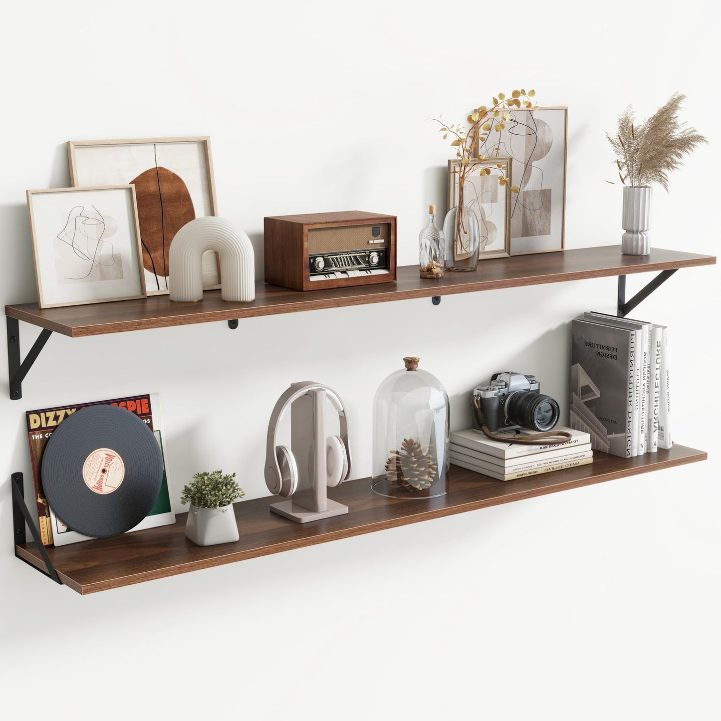 Acovy Deep Floating Shelves Wall Mounted, 36"x12" Black Wall Shelves with Brackets Set of 2 for Bedroom, Living Room, Bathroom, Kitchen, Office - Storage & Display Shelf for Decor, Books, Plants