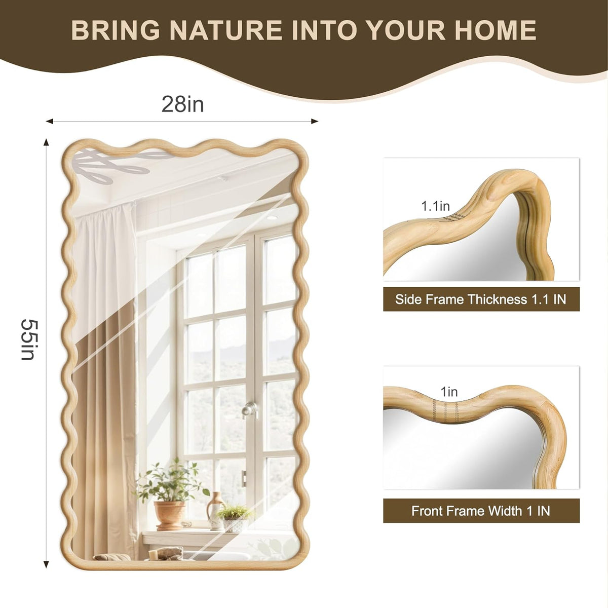 Full Length Mirror, 55”x28” Wavy Wood Floor Mirror for Wall