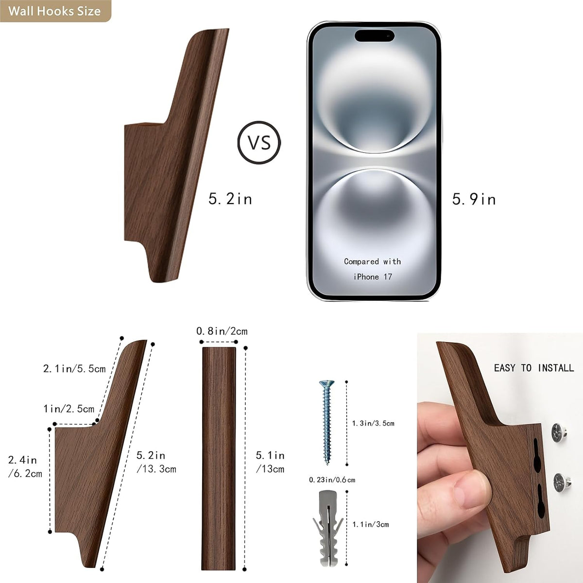 Wood Wall Hooks 4 Pack Coat Hooks Wall Mount, Towel Hooks for Bathrooms