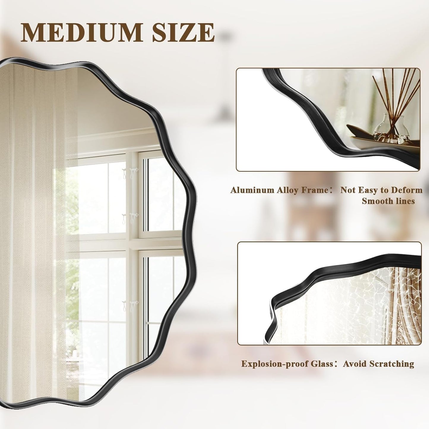 VooBang Black Scalloped Large Circle Mirror, 42" Wavy Round Wall Mirror