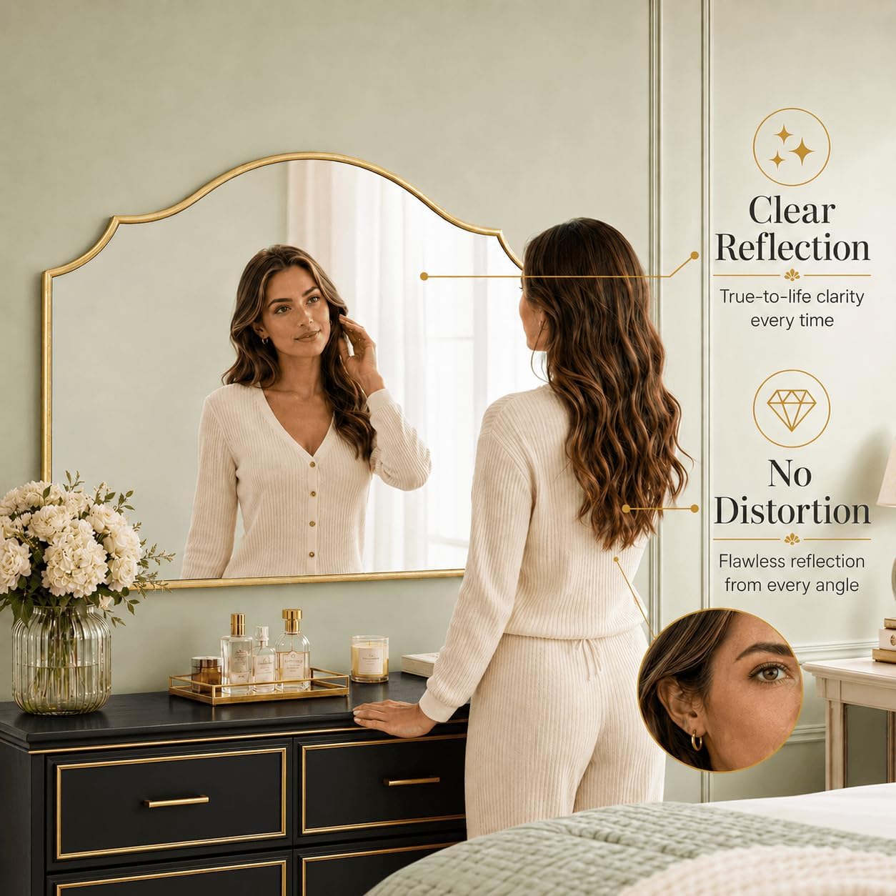 40"x29" Large Arched Gold Wall Mirror,Scalloped Edge Modern Bathroom Mirror