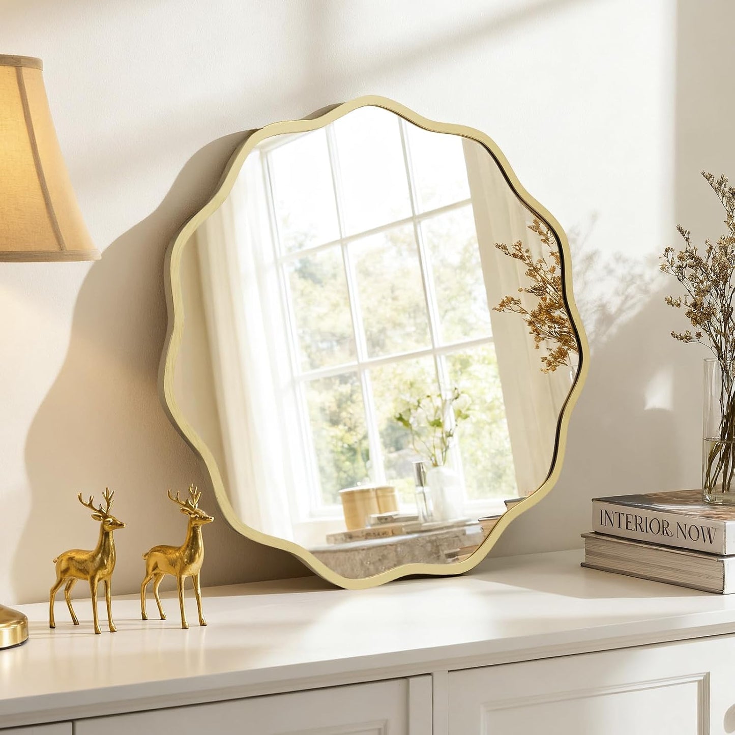 HOMECOOKIN 24" Wavy Round Wall Mirror, Gold Scalloped Circle Mirror Edge Round with Metal Frame, Modern Decorative Hanging/Leaning Mirrors for Bathroom, Hotels, Hallway, Entryway, Vanity, Office