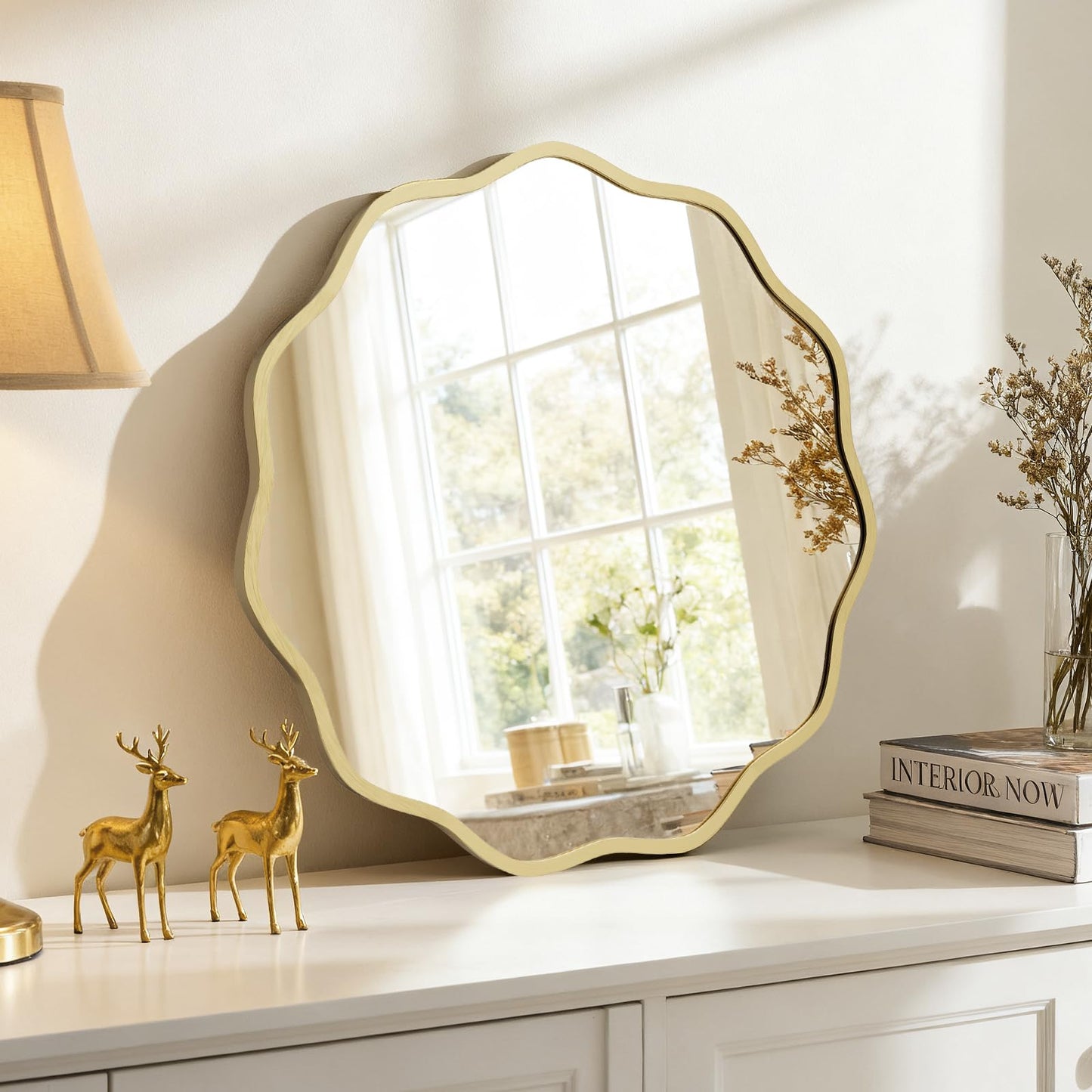 HOMECOOKIN 24" Wavy Round Wall Mirror, Gold Scalloped Circle Mirror Edge Round with Metal Frame, Modern Decorative Hanging/Leaning Mirrors for Bathroom, Hotels, Hallway, Entryway, Vanity, Office