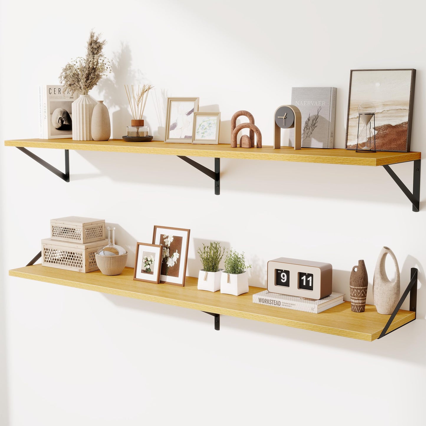 Acovy Deep Floating Shelves Wall Mounted, 36"x12" Brown Wood Shelves with Brackets Set of 2 for Bedroom, Living Room, Bathroom, Kitchen, Office - Storage & Display Shelf for Decor, Books, Plants