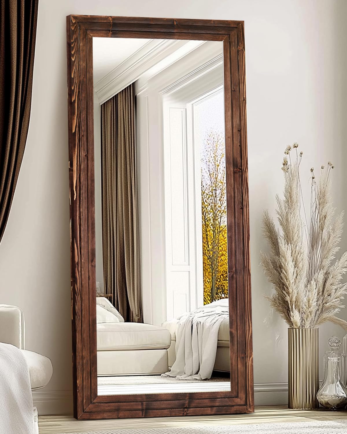 48x16in Oval Full Length Mirror Solid Wood Frame, Brown
