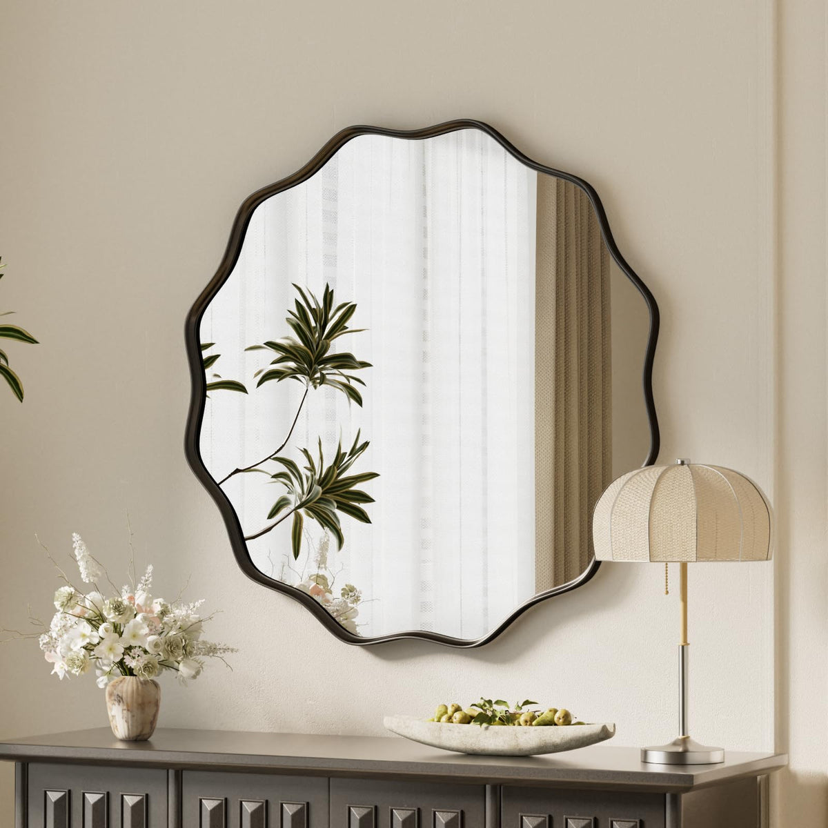 VooBang Black Scalloped Large Circle Mirror, 42" Wavy Round Wall Mirror