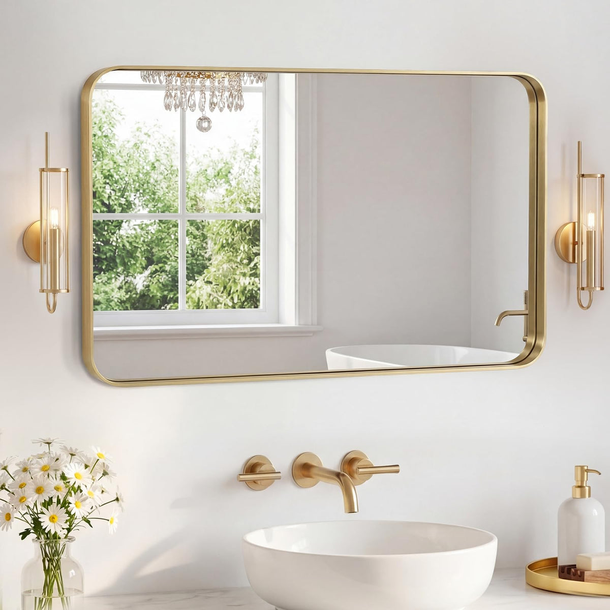 NEWBULIG 20X30 Inch Arched Bathroom Wall Mirror for Over Sink, Gold