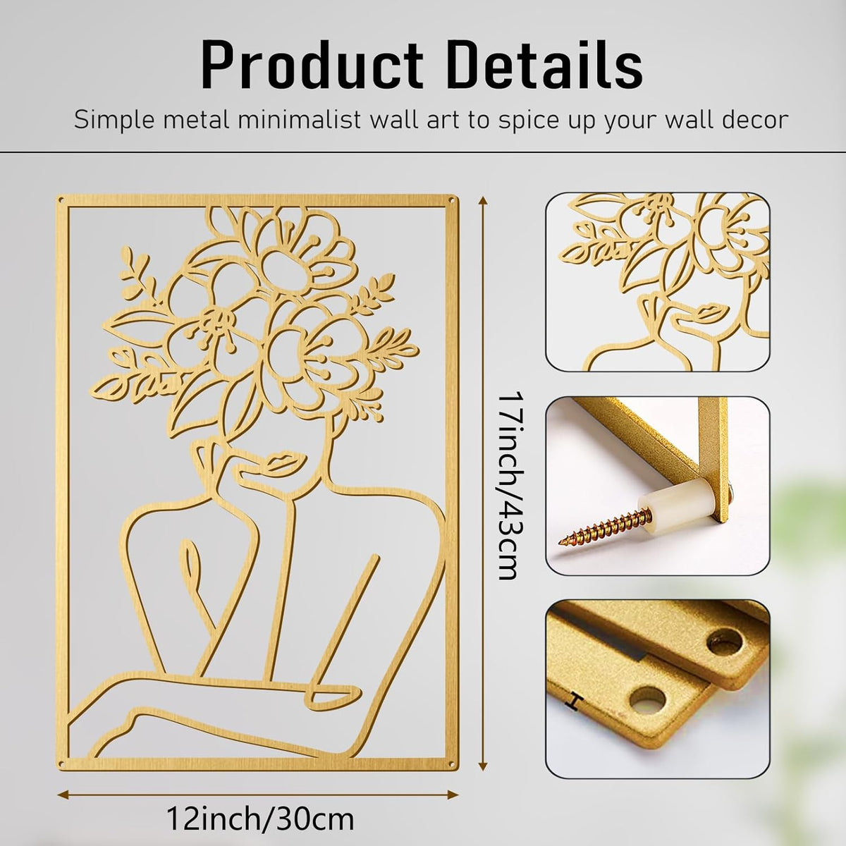 Gold Metal Abstract Wall Art, Floral Minimalist Line Decor For Bedroom