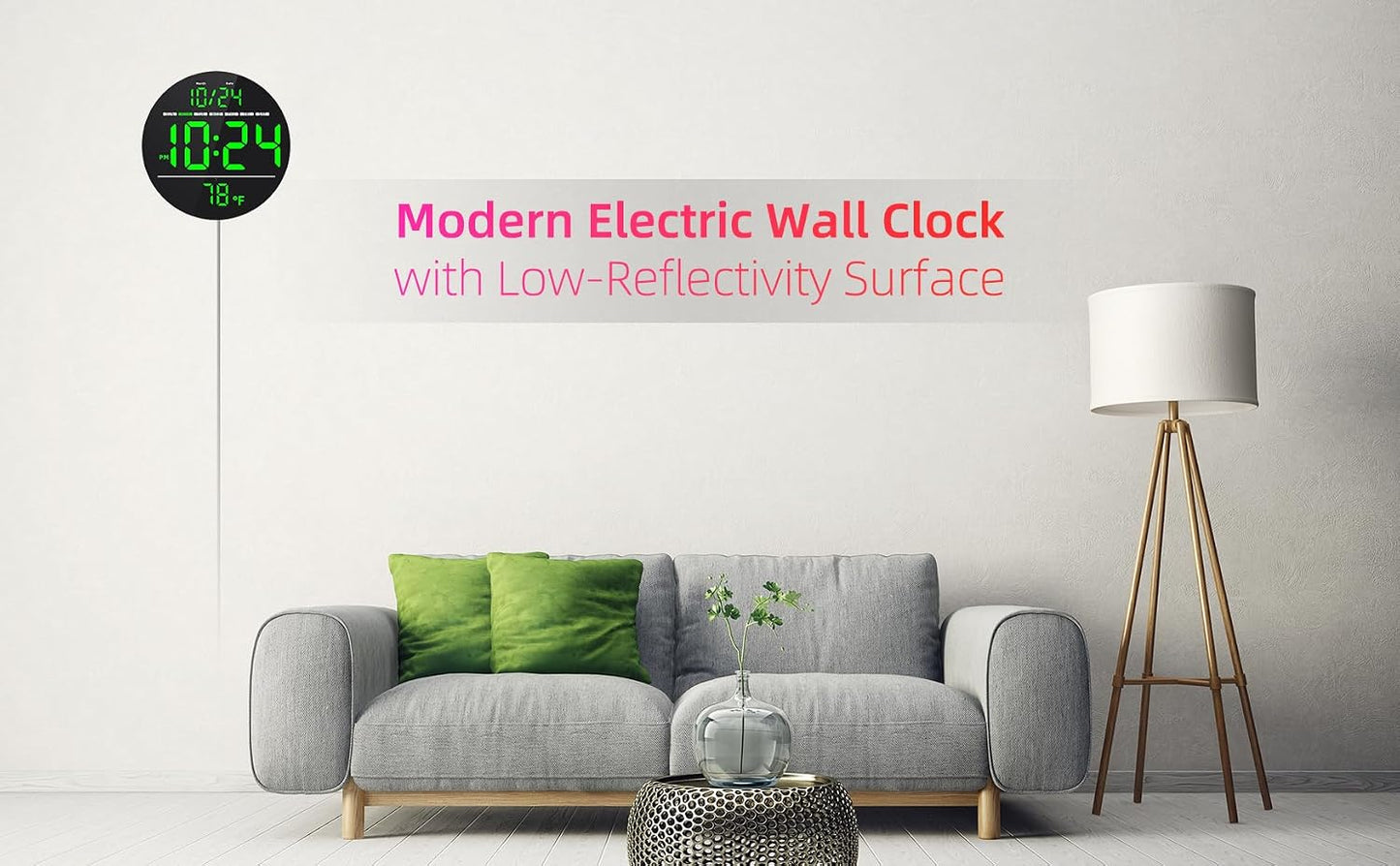 Digital Wall Clock with Large LED Display, Date, Temperature, Auto-Brightness | Small [PLUG-IN] Clock | Modern Electric Wall Clock for Bedroom, Classroom, Living Room, Home, Office, Farmhouse – Green