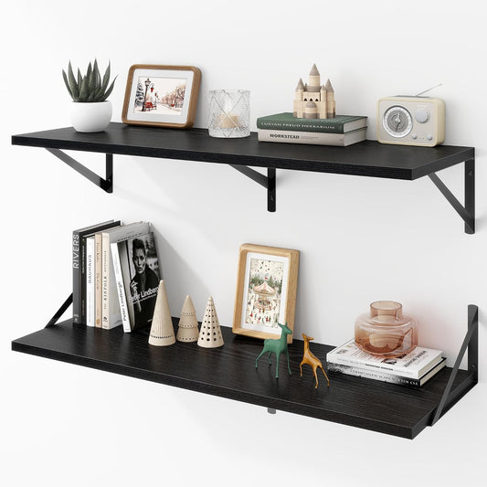 Acovy Deep Floating Shelves Wall Mounted, 36"x12" Black Wall Shelves with Brackets Set of 2 for Bedroom, Living Room, Bathroom, Kitchen, Office - Storage & Display Shelf for Decor, Books, Plants