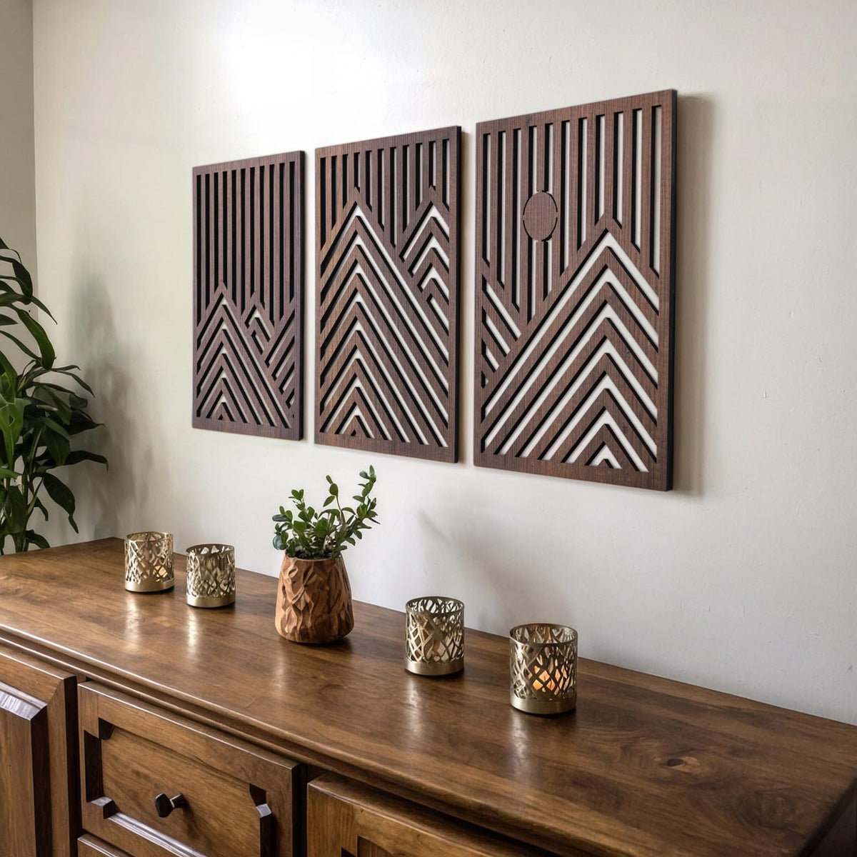 qmmp Modern Wooden Wall Sculptures - Set of 3 - Home Decor Accent - Large Wall Art for Living Room, Bedroom, Office - Easy Installation (Walnut, Large - Tree Leaves)