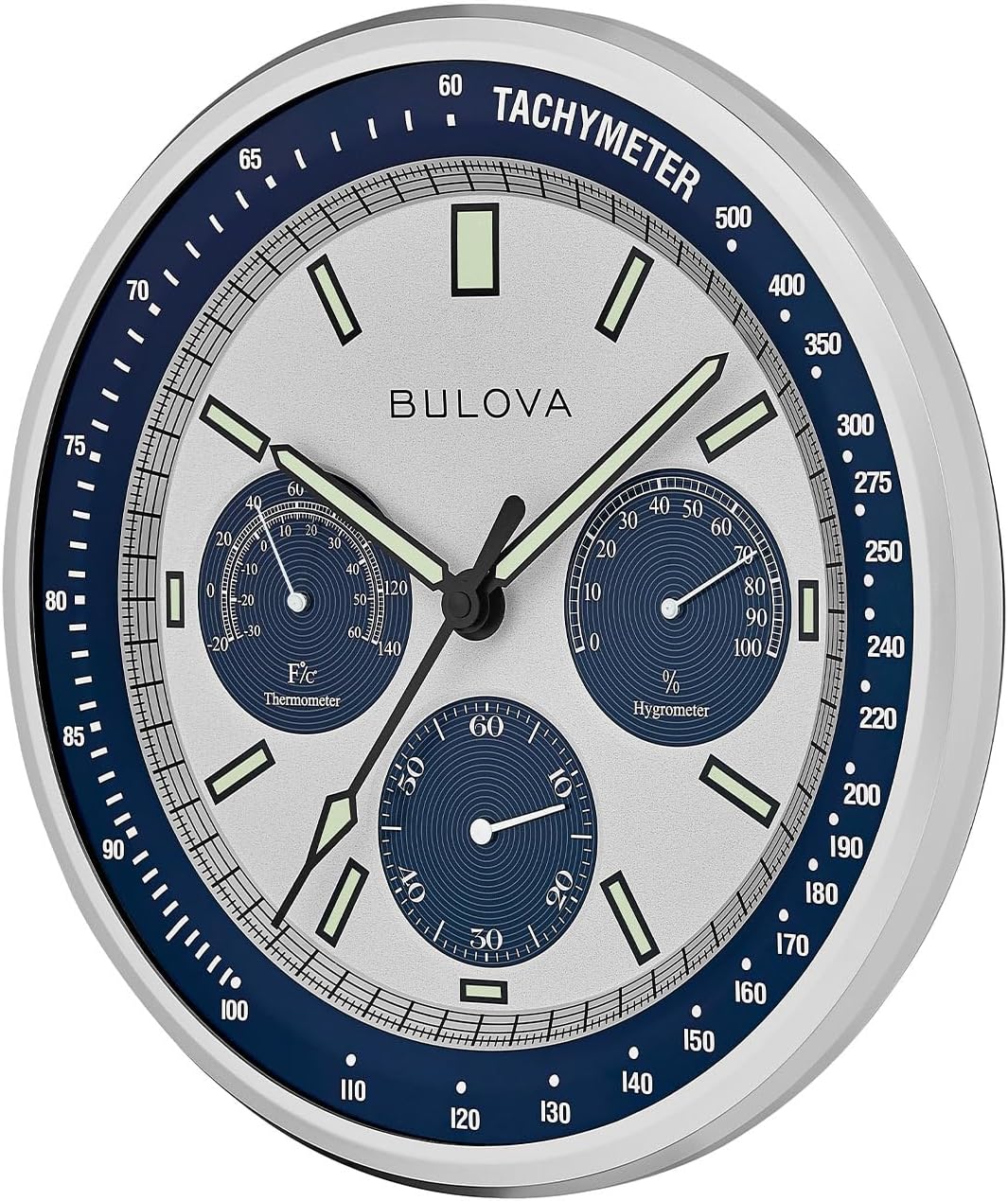 Bulova Lunar Pilot Wall Clock C1971 | Matte Silver Finish |Temperature & Hygrometer Display | Silent Sweep Quartz Movement | 13.75-Inch
