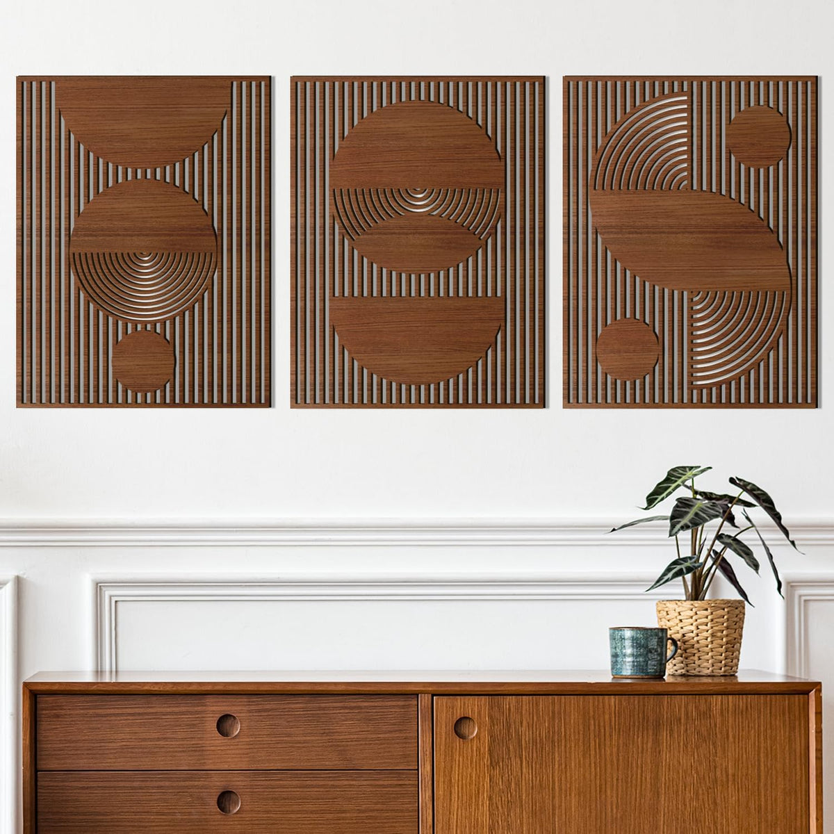 Abstract Wood Wall Art, Mid Century Modern Geometric Wooden Panels Set