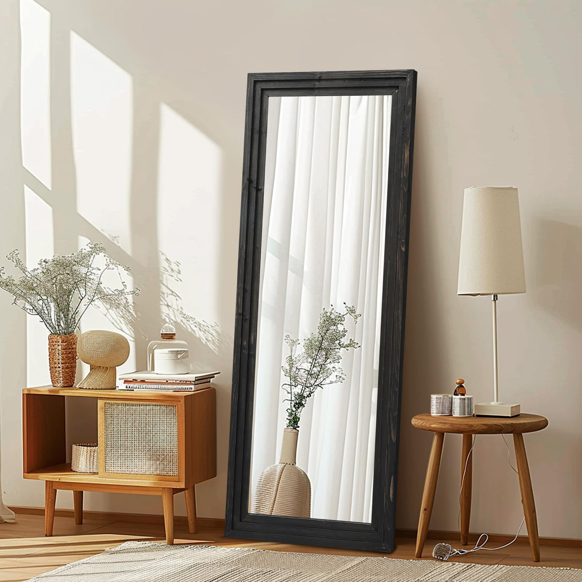 48x16in Oval Full Length Mirror Solid Wood Frame, Brown