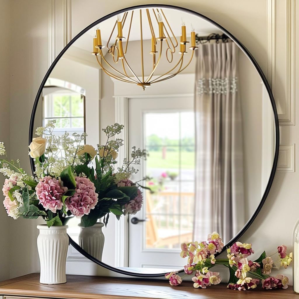 Round Mirror 30 inch, Circle Black Mirror, Matte Black Metal Frame