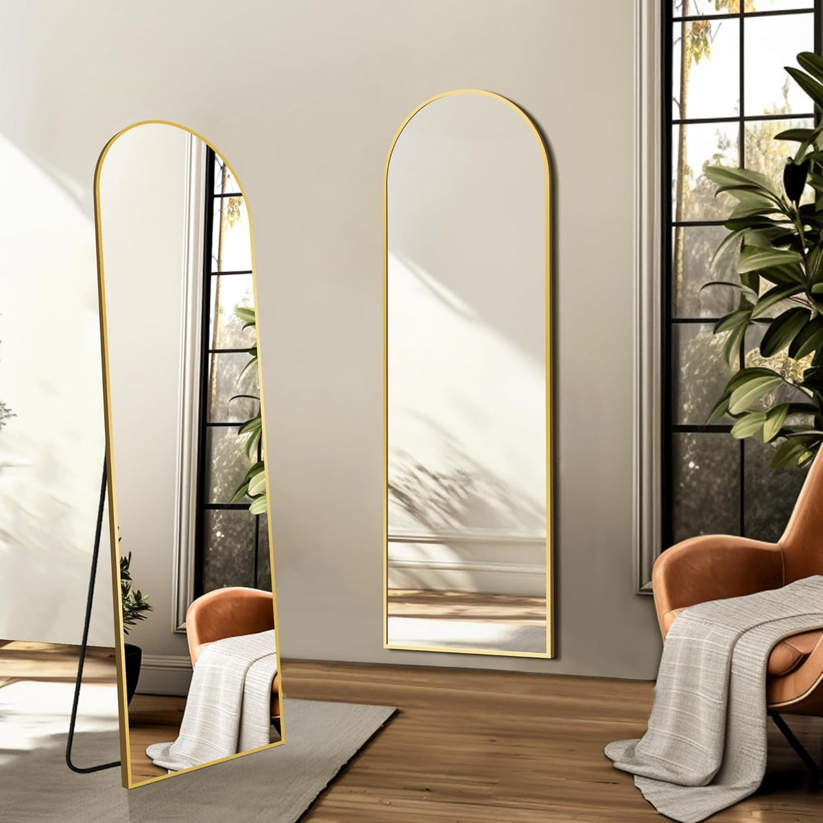 Arched Full Length Mirror, 56"x15" Standing Body Mirror for Wall, Gold
