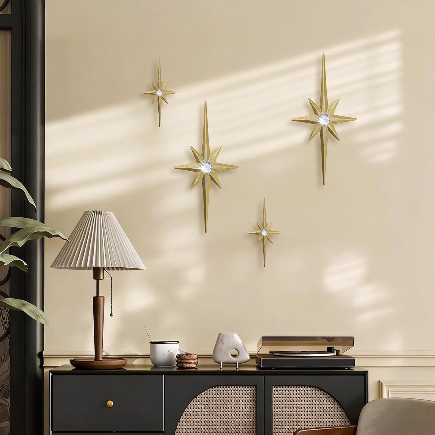 sxnzequnze 4 Pcs Star Wall Art for Home Decor Living Room Bedroom Office Metal 3D,Bling,with Hanging Hook Starburst Midcentury Sculpture Retro Gallery Accent Celestial -Gold 16.5in/9.4in