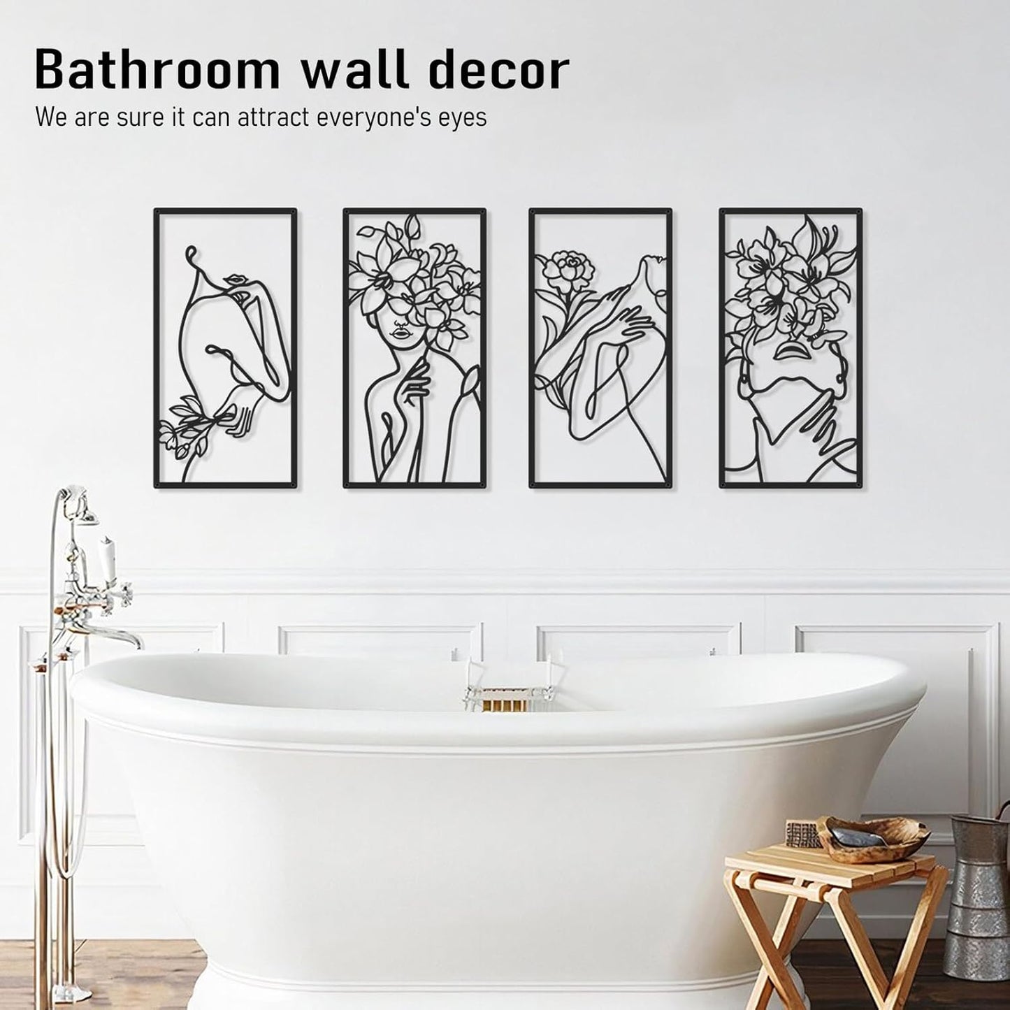 Black Metal Abstract Wall Art, Minimalist Woman Flower Bathroom Wall Decor