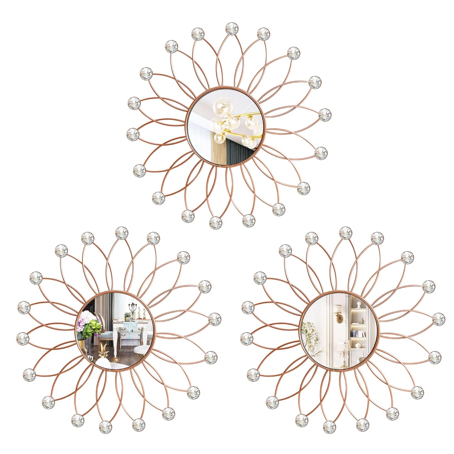 3 Pack Metal Mirrors for Wall Sunburst Wall Mirrors Home Décor Decorative Hanging Wall Art for Living Room Bedroom Entryway (Gold, Flower+Sunburst)