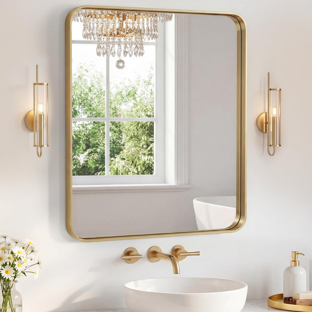 NEWBULIG 20X30 Inch Arched Bathroom Wall Mirror for Over Sink, Gold