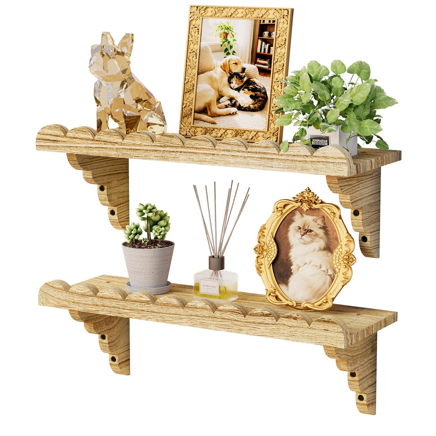 QsQueen Scalloped Wood Wall Shelf – 17 Inch Floating Shelf with Wood Brackets, Easy to Install Rustic Wall Shelf for Living Room, Bedroom, Bathroom, or Any Space
