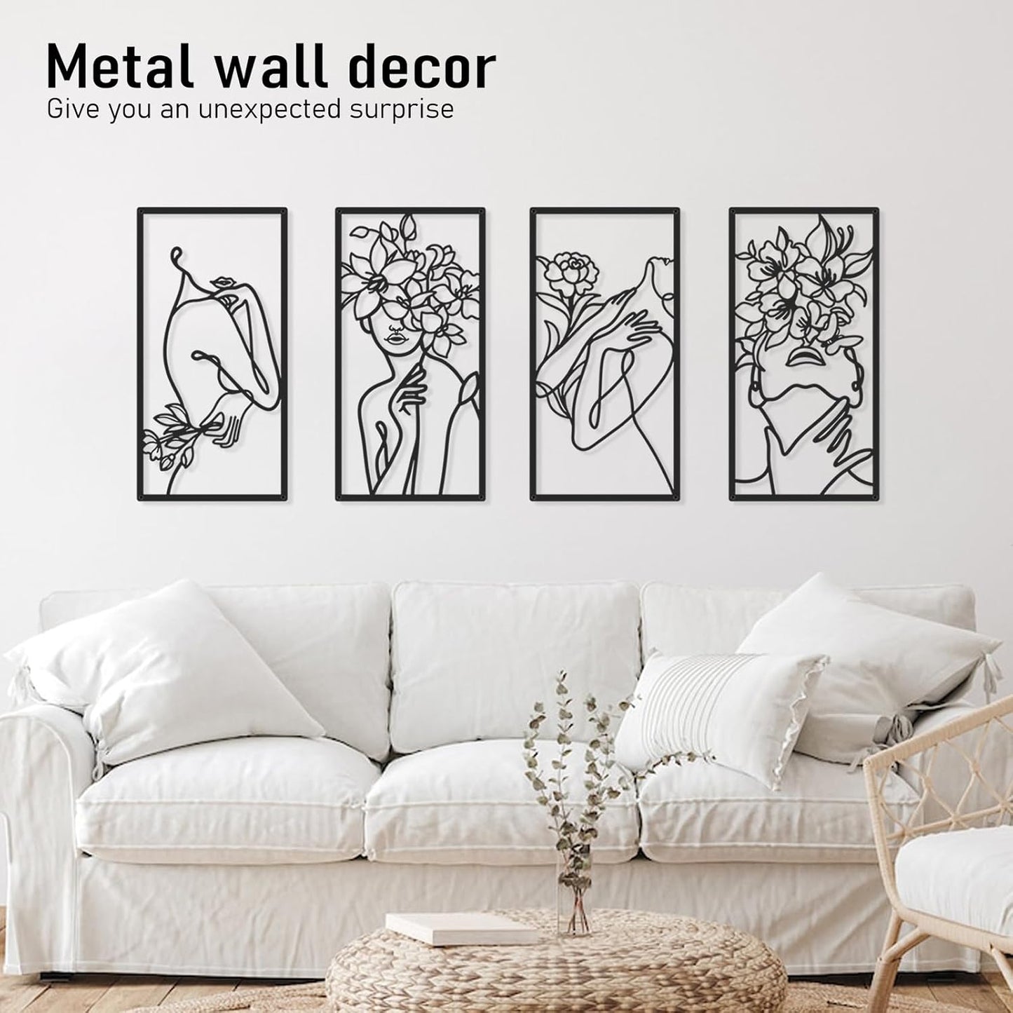 Black Metal Abstract Wall Art, Minimalist Woman Flower Bathroom Wall Decor